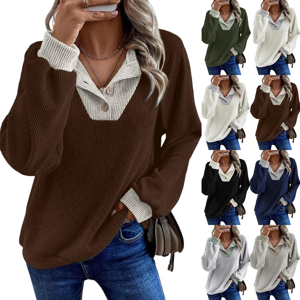 Женский пуловер с лацканами, модный топ контрастного цвета со строчкой