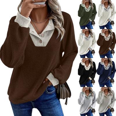 Женский пуловер с лацканами, модный топ контрастного цвета со строчкой