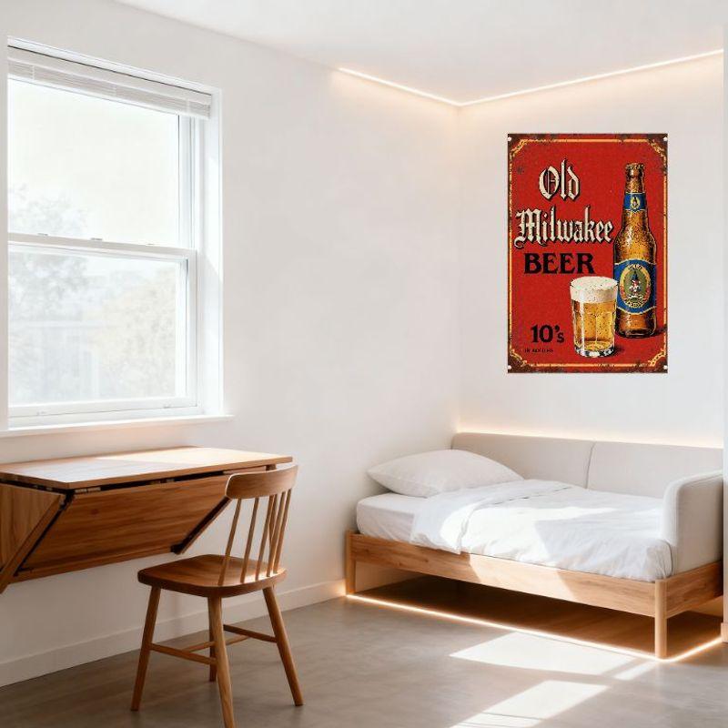 Винтажная металлическая жестяная вывеска Old Milwaukee Beer в деревенском стиле, красного цвета с золотой рамкой, изображением стеклянной бутылки и этикетки с гномом — для домашнего бара, для мужчины.