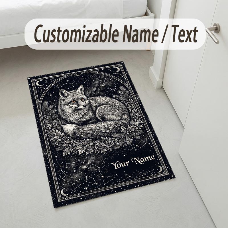Fox Owl Theme Soft Crystal Velvet Rug Custom Name & Text Print Non Slip Floor Rug for Bedroom Living Room