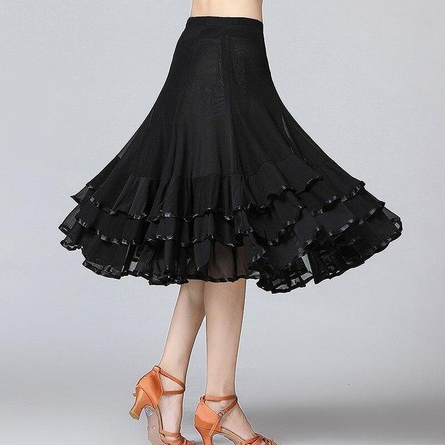 Woman Solid Ballroom Waltz Dance Ruffles Skirt Modern Tango Skirt Medium Length Dance Skirt