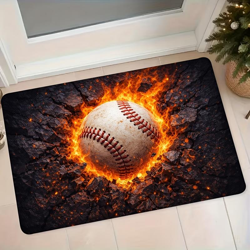 1pc Baseball Flame Cracked Rock Pattern Flannel Mat Non-Slip Water-Absorbing Entrance Bathroom Foot Mat Home Decor Mat