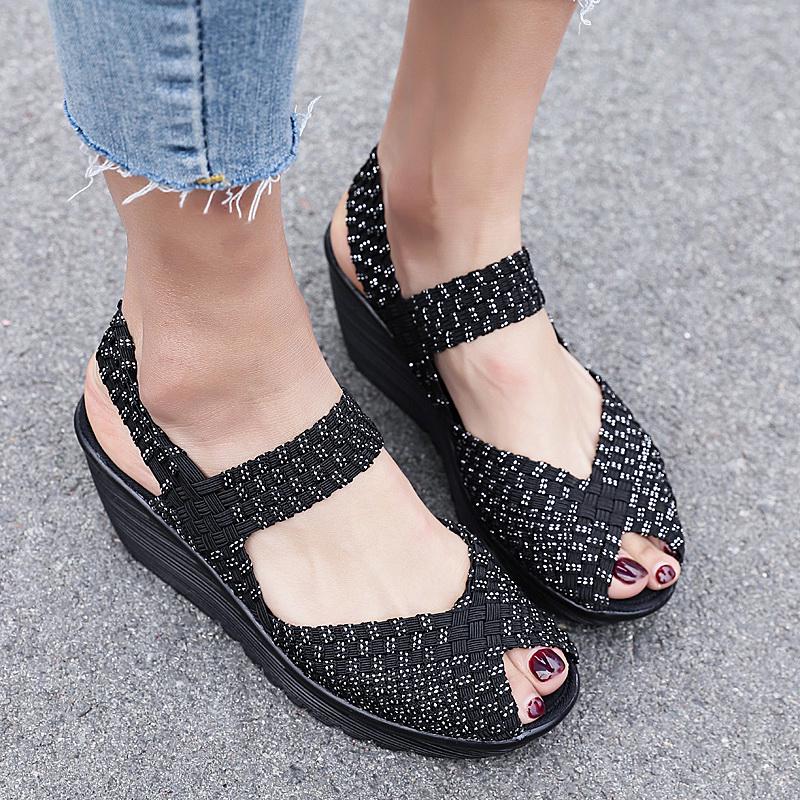 Женские летние сандалии на танкетке, увеличивающие рост, плетеные, пляжные, женские сандалии на танкетке, серые, на платформе, с открытым носком