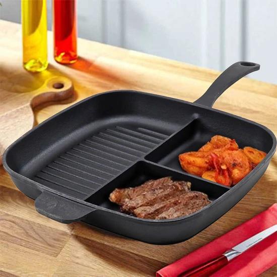 26 x 30 см 3-х секционная чугунная сковорода-гриль черная с металлическими ручками