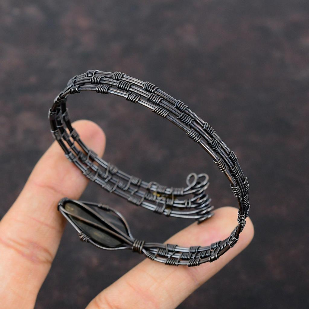 Черный перламутровый браслет, манжета из медной проволоки, регулируемый браслет из драгоценного камня высшего качества, браслет ручной работы для подарка, ювелирные изделия из медной проволоки