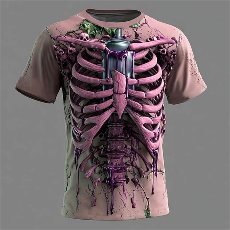 New Halloween Men's 3D Bone Print T-shirt Round-neck Short-sleeved T-shirt Shirt Horror Party Top Street Fashion Clothing