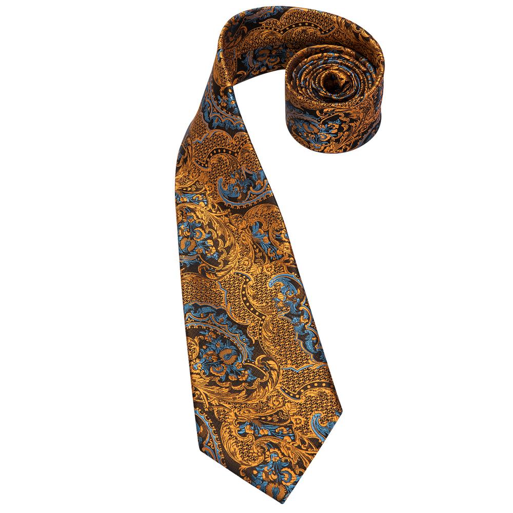 Hi-Tie Mens Silk Tie Gold Paisley Necktie Handkerchief Cufflinks Set for Business