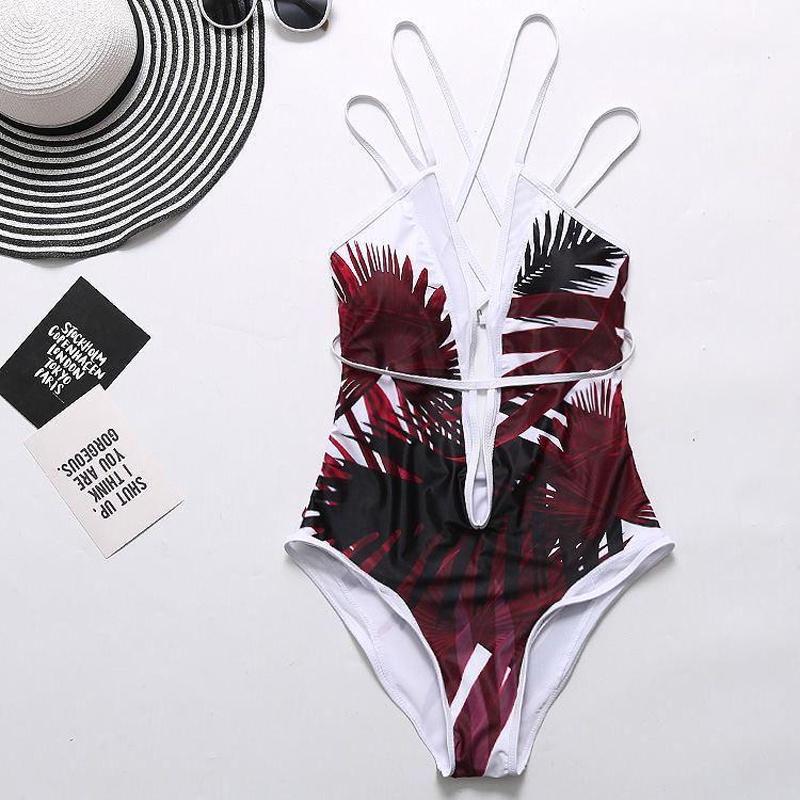 Women Elegant Floral Print Deep V Neck Backless Bandage Bathing One Piece Swimsuit
