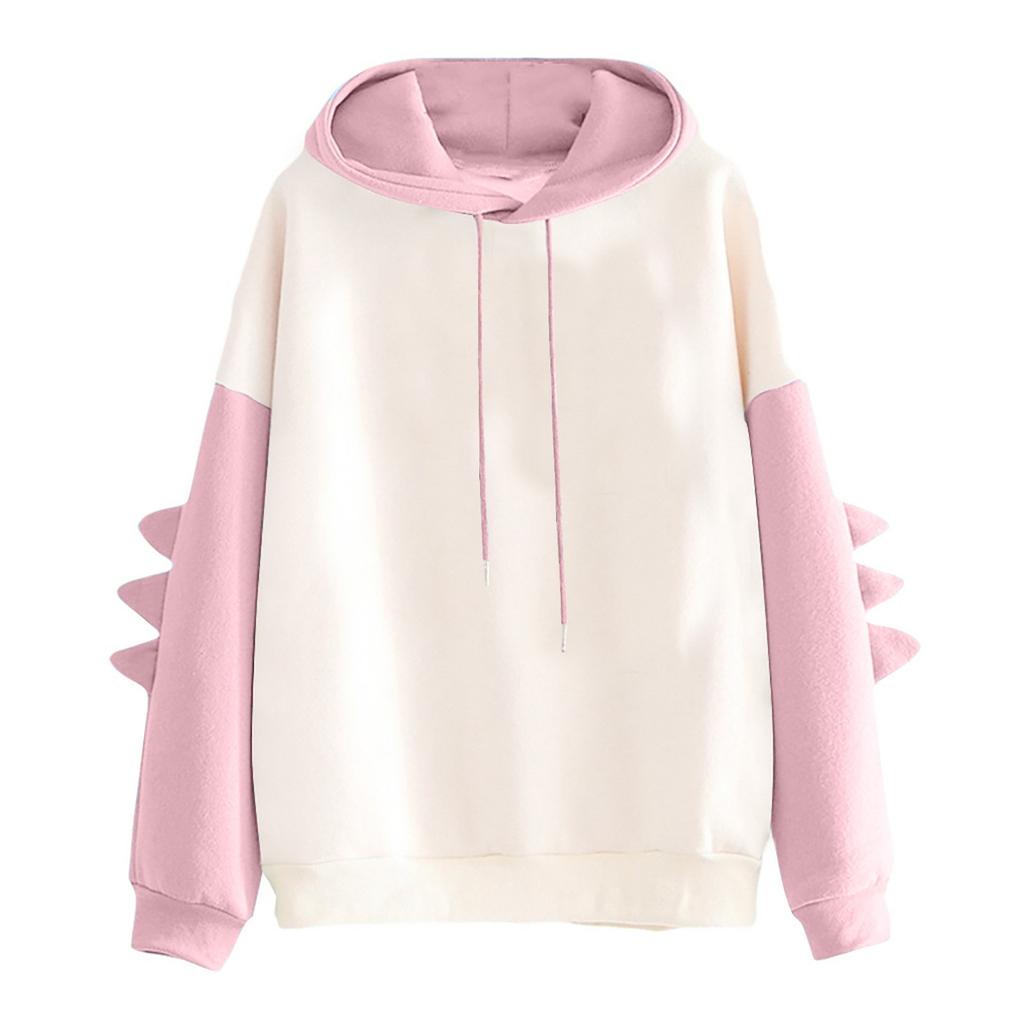 Women's Solid Color Contrasting Dinosaur Loose Casual Hoodie