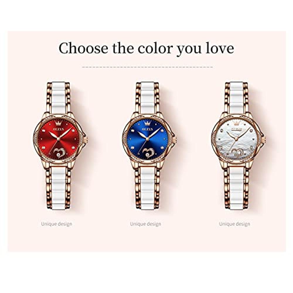 OLEVS Women's Watch Popular Hand Watch Women's Waterproof Ceramic Pink Gold Mechanical Date Bracelet Present Women White Watch for Women