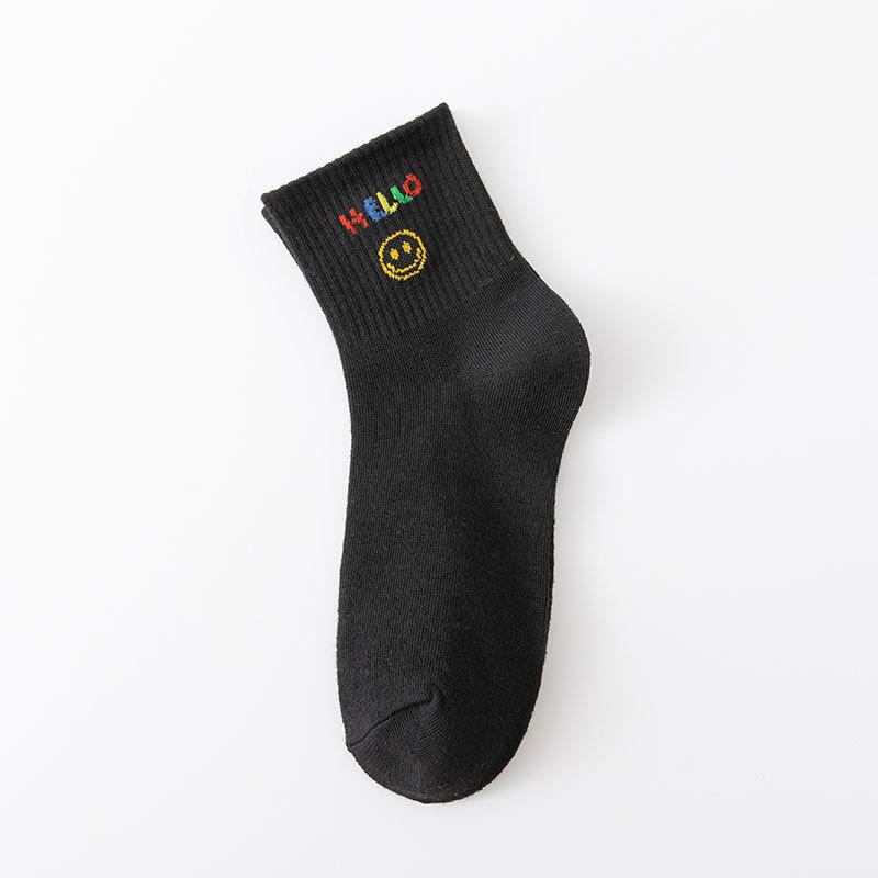 Autumn and Winter Women's Socks Mid-calf White Cartoon Student Bear Rainbow Letter Heart Smiling Face Striped Sports