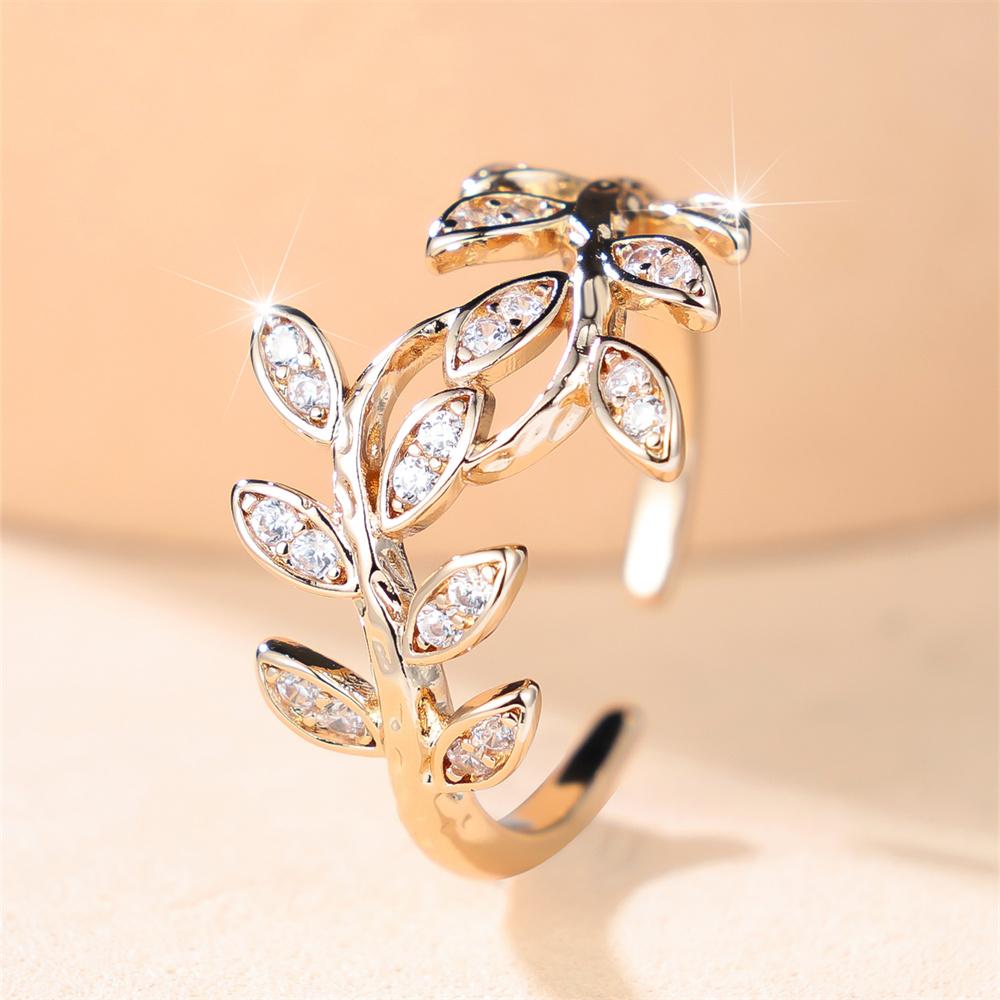 White Zircon Round Stone Marquise Tree Leaf Opening Rings For Women Vintage Gold Color Ring Wedding Jewelry Mother's Day Gifts