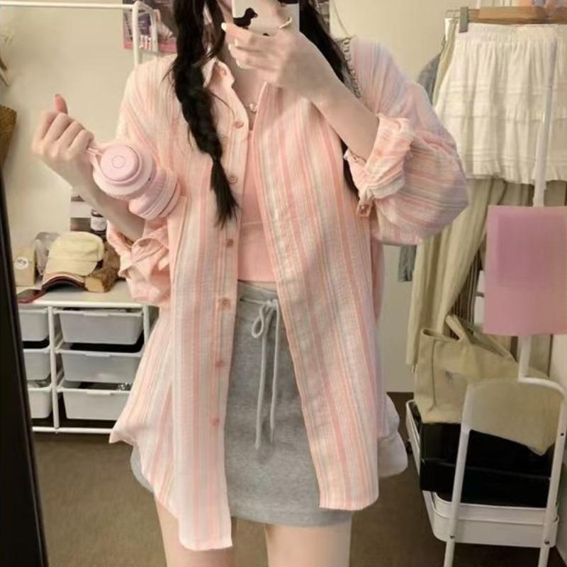 Модная свободная повседневная полосатая рубашка для женщин, весна-лето, застегивающаяся на пуговицы, солнцезащитные блузки, женские топы, элегантные простые офисные женские рубашки 26113