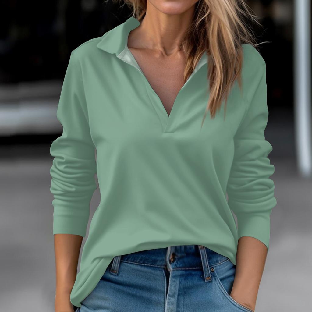Women's Autumn And Winter Tops V-Neck Solid Color Casual Fashion Top T-Shirt