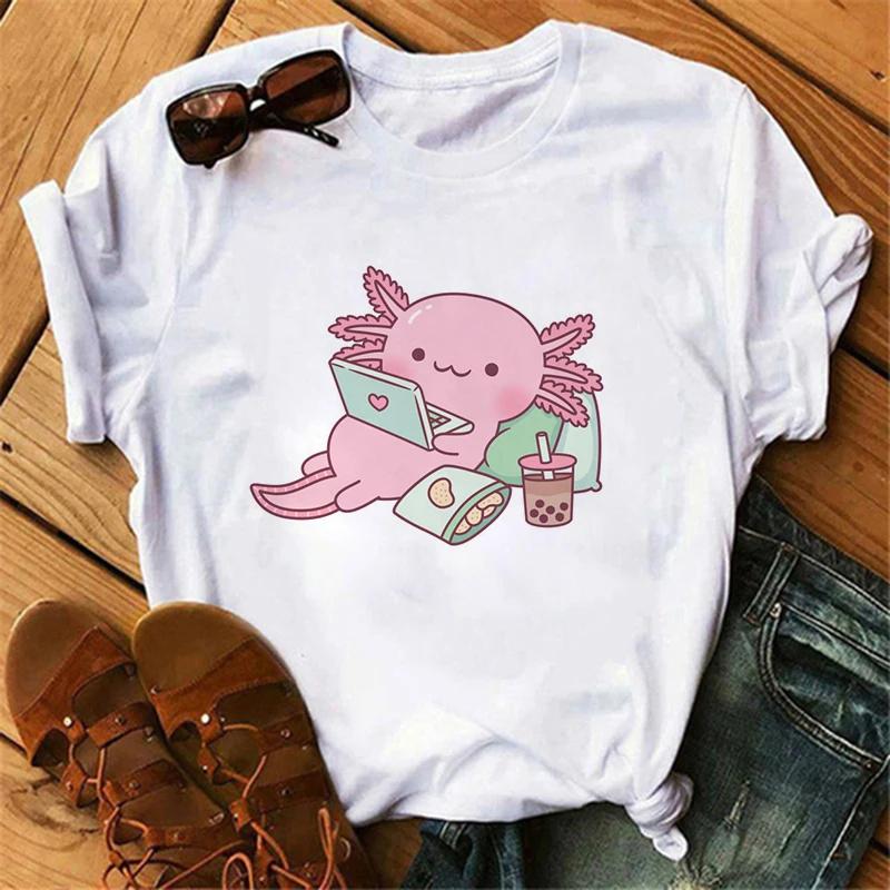 Футболка Axolotl, одежда унисекс, милая, кавайная, винтажная, y2k, футболка, женская, унисекс, Drink Bubble Tea, повседневная, с коротким рукавом, футболка