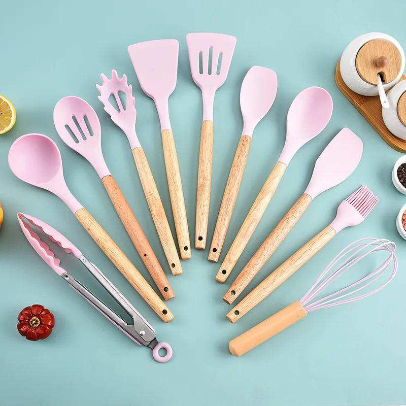 12PCS Silicone Kitchenware Non-Stick Cookware Kitchen Utensils Set Spatula Shovel Egg Beaters Wooden Handle Cooking Tool Set