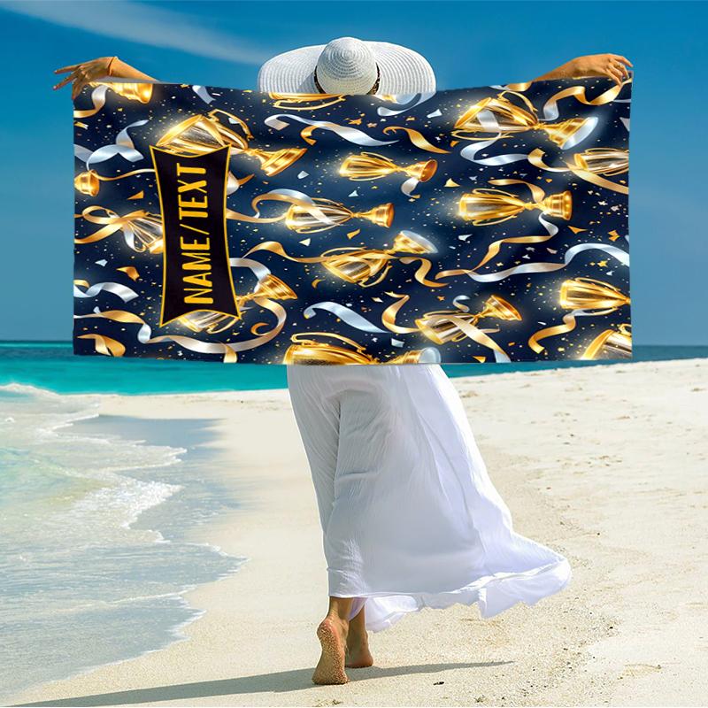 1PC Custom Name Golden Trophy Celebration Beach Towel Highly Absorbent And Sand-Resistant Towel for Swimming, Pool, Yoga, And Travel Lightweight