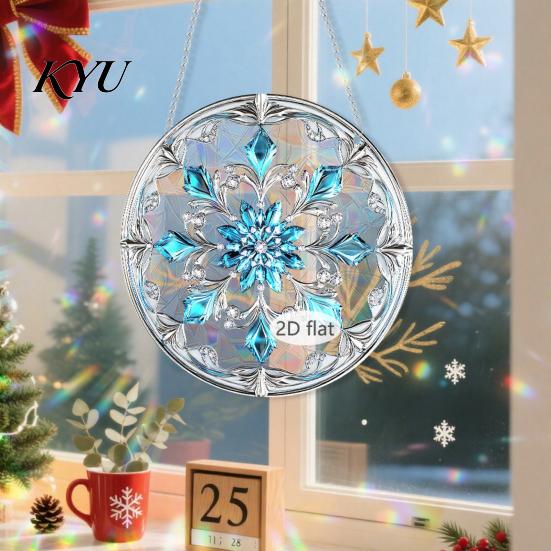 Transparent Christmas Tree Ornaments 2D Acrylic Hanging Ornaments, Stained Glass Style Snowman Santa Snowflake Indoor Party Supplies Window