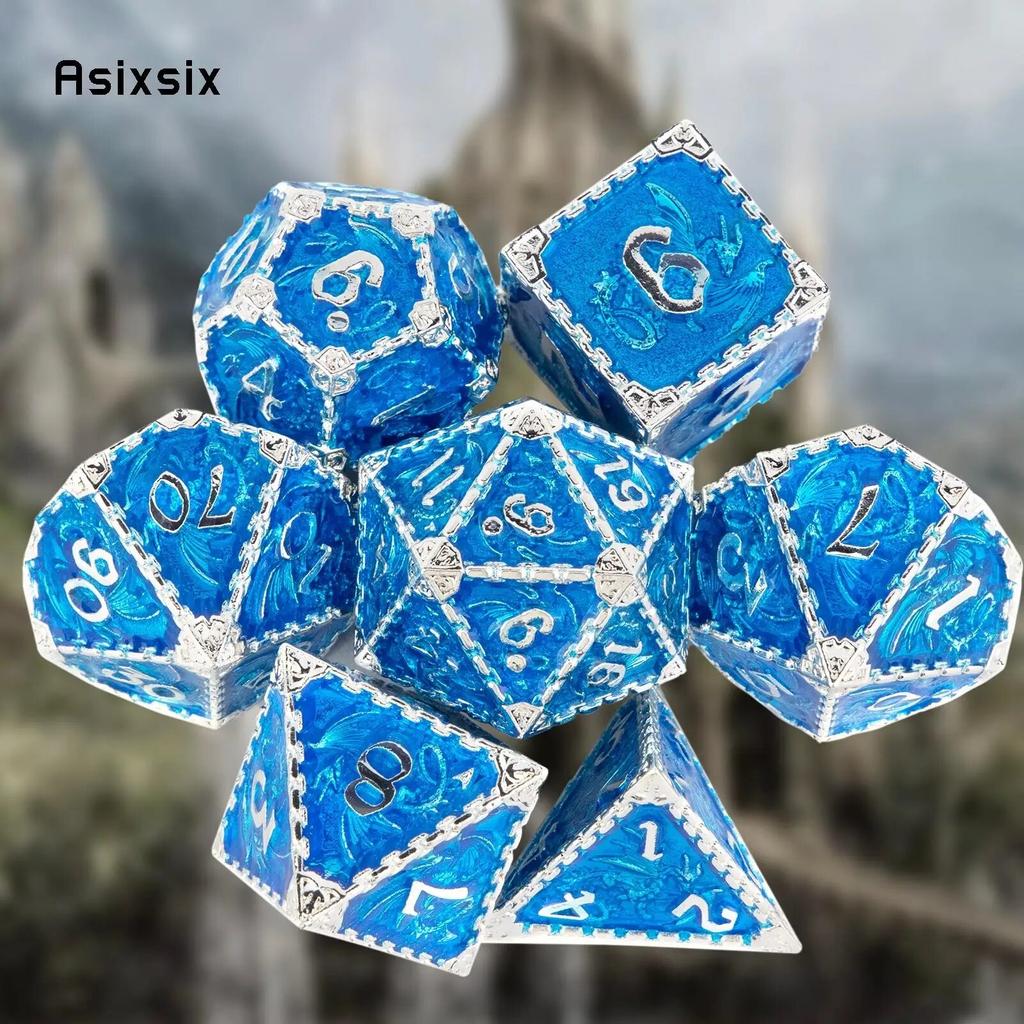 7 Pcs Blue White Dragon Metal Dice Solid Metal Polyhedral Dice Set Suitable for Role-Playing RPG Board Game Card Game