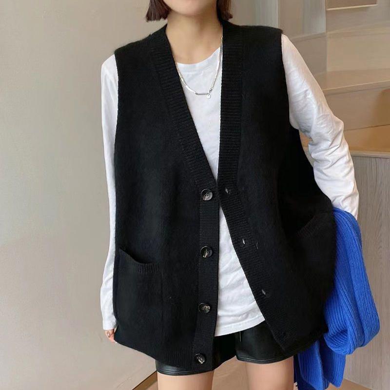 Вязаный жилет, женский осенне-весенний кардиган с v-образным вырезом, свободный однотонный свитер без рукавов, жилет