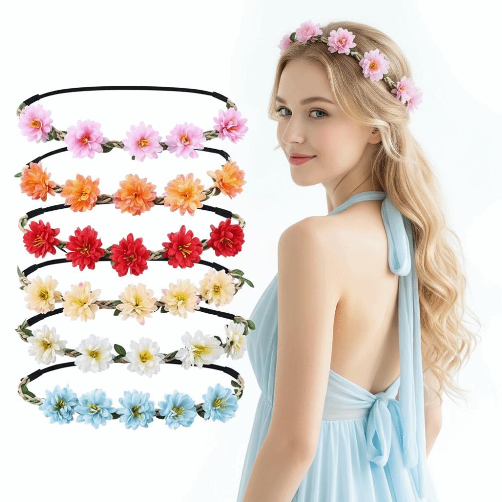 Hand Woven Floral Wreath Crown Adjustable Ribbon Bohemia Garland Headpiece for Photography Props