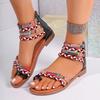Ankle Strap Roman Sandals for Women Summer 2025 Bohemian Printed Flat Sandals Woman Plus Size Casual Outdoor Beach Shoes