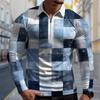 Polo Shirts Men Long Sleeve Gradient Grid Print New Men's Polo Shirt Long Sleeve Zipper T-shirt Top