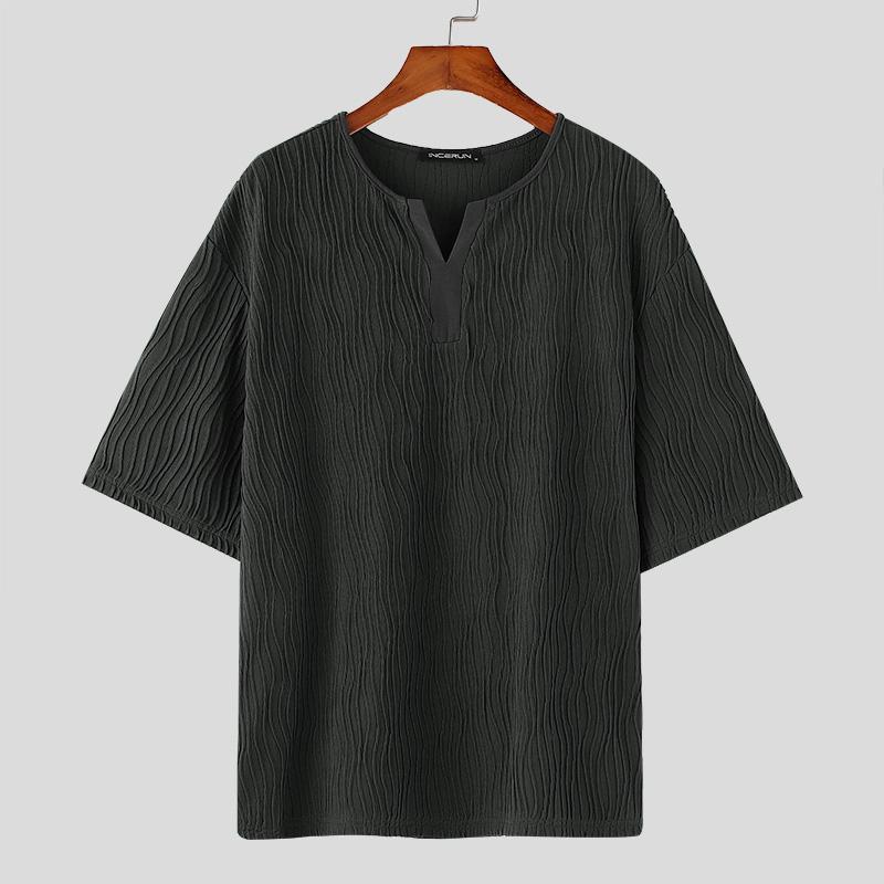 INCERUN Мужские текстурные футболки с коротким рукавом, повседневные полосатые топы