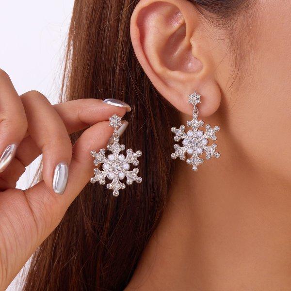 Colorful Crystal Christmas Snowflake Zircon Pearl Earrings Stud For Women Dangle Hook Xmas Party Fashion Jewelry Gift