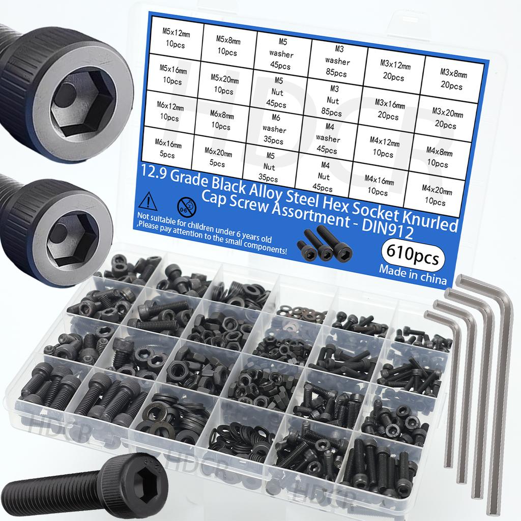 610pcs Grade 10.9 black hex socket head cap screw, bolt, and nut kit; machine screws; high strength screws.