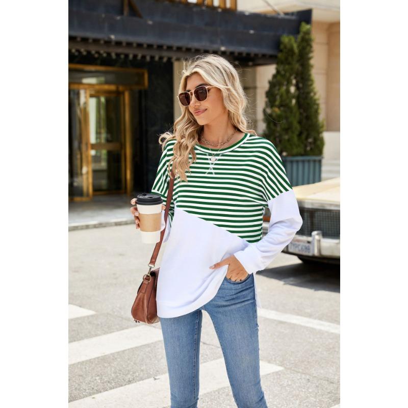 Осенние женские пуловеры, однотонный топ с длинными рукавами и круглым вырезом в полоску