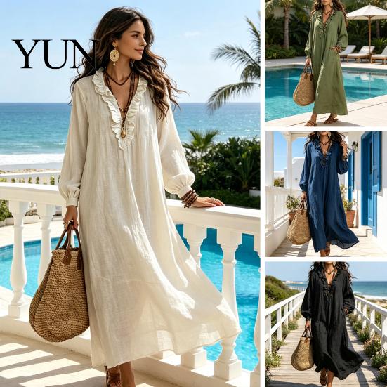 Lightweight Polyester Dresses Women Ruffle V Neck Long Dress, Loose Fit Casual Midi Spring Solid Color Sleeves Dress for Autumn Soft Fabric