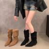 Fashion Vintage Thick Heel Pointed Toe Women Western Cowboy Boots Autumn Winter Ladies Shoes Elegant Slip On Mid Calf Booties