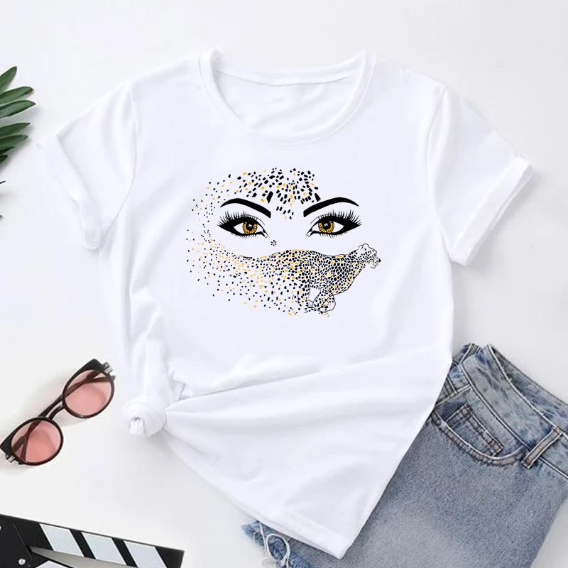 (Asian Size) Women Print Tee Top Fashion Eye Lashes Style Cute Trend 90s T Shirt Woman Female Clothing Short Sleeve Graphic T-shirts