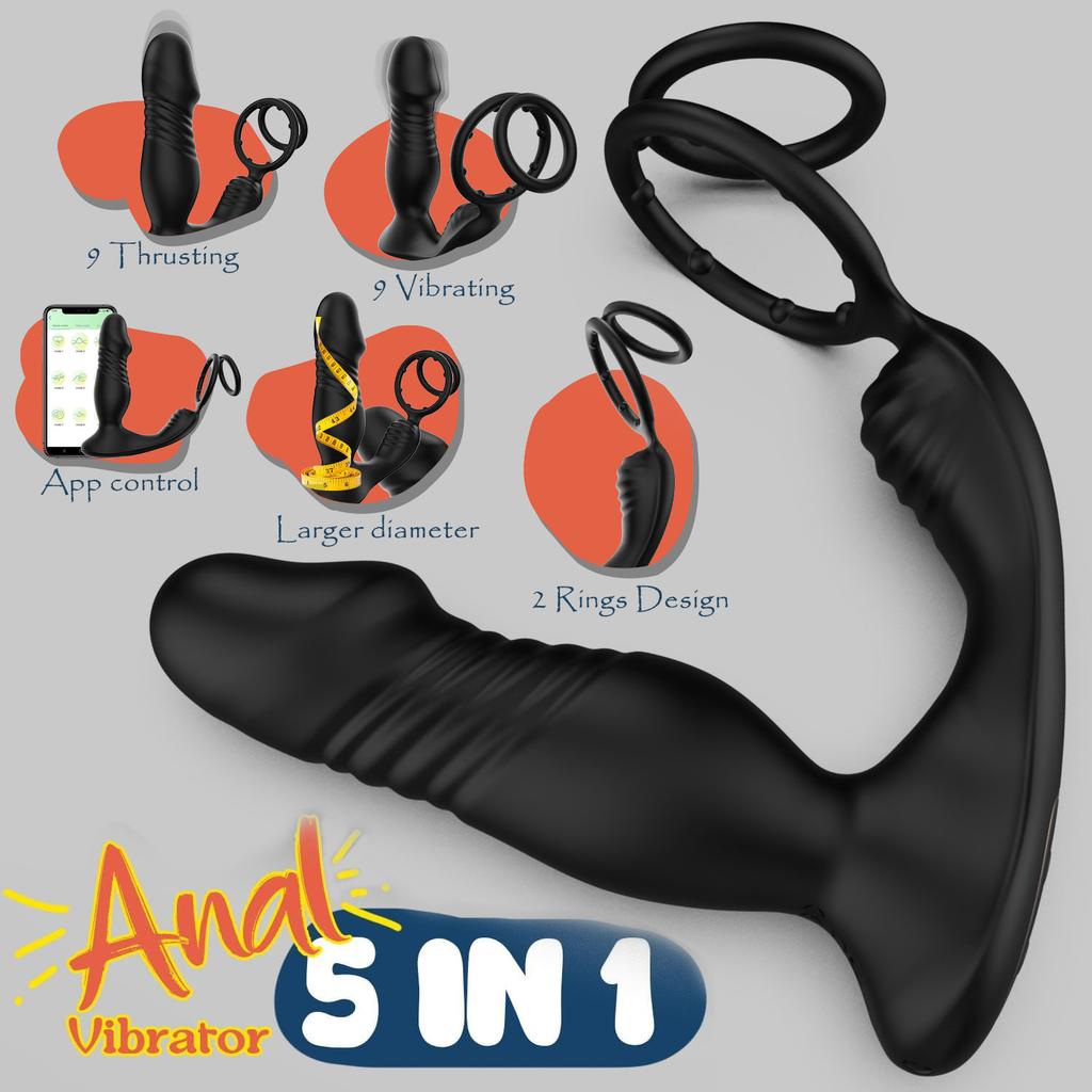 App Control Thrusting Prostate Massager Anal Vibrator 9 Vibrating 2 Ring Design Delay Ejaculation Butt Plug Sex Toy for Couples
