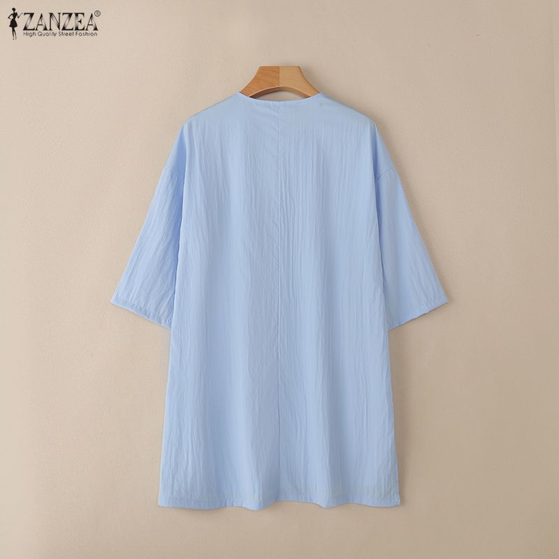 ZANZEA Women Casual V Collar 3/4 Sleeve Solid Color Loose Long Tunic Blouse