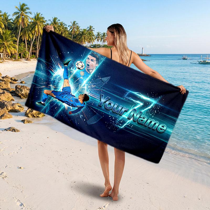 Cristiano Ronaldo Custom Beach Towel, Personalized Name Text Print, Football Logo Soft Quick‑Dry Towel Holiday Gift