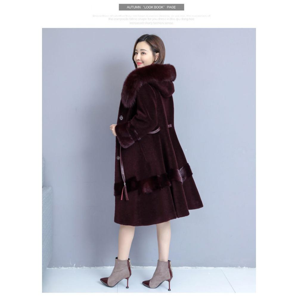 Меховое пальто из овчины женское новое зимнее пальто средней длины с капюшоном из лисьего меха, утолщенное