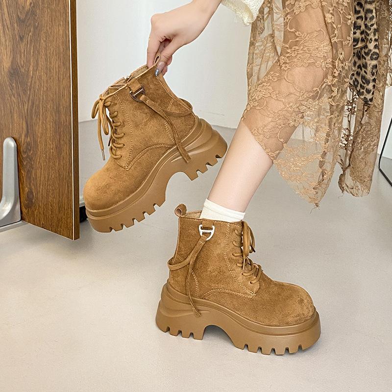 Матовые ботинки Мартина на толстой подошве с большой головой женские осенне-зимние новые в британском стиле ретро увеличивающие рост большие желтые ботинки обувь с высоким берцем