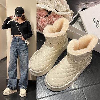 Женские зимние ботинки с толстой подошвой в форме ромба, новый стиль с добавлением бархата, утолщенная высота, короткая трубка, нескользящая, теплая обувь из хлеба и хлопка