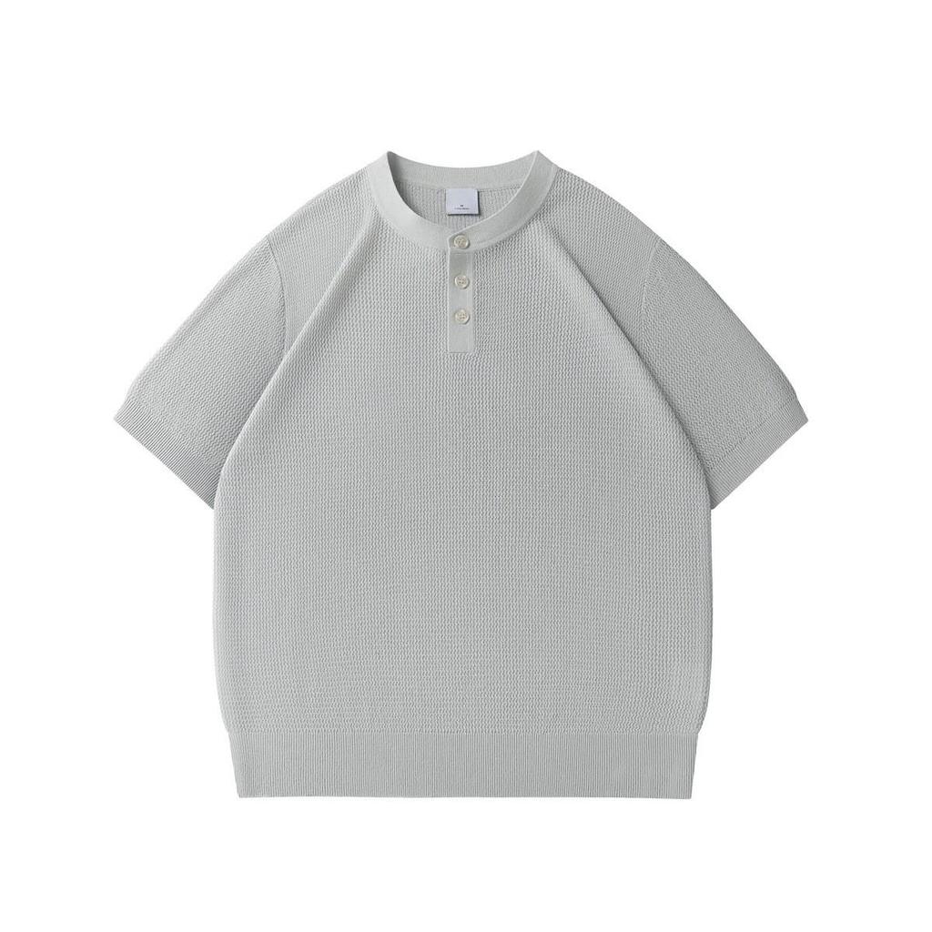 Мужская летняя ретро вязаная футболка-henley GOPUDO - Дышащий однотонный топ с коротким рукавом