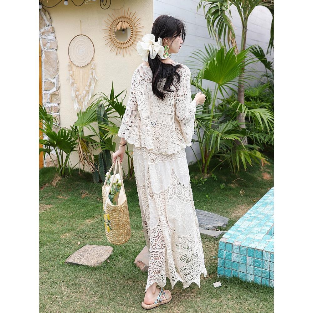 Dimanaf 2025 Женский новый костюм юбка вязаный пляжный короткий рукав кружевной ажурный сексуальный О-образный вырез ажурный летний стиль топы футболки свободные базовые