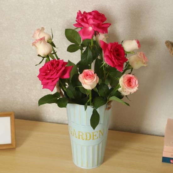 Глубокое ведро-ваза Оцинкованное железное ведро для цветов с веревочными ручками Ретро фермерская ваза для домашней цветочной композиции