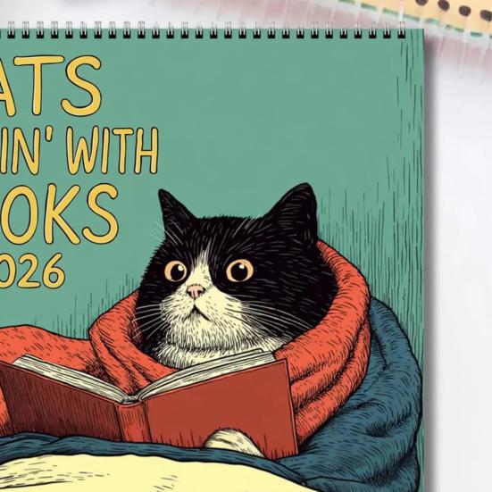 Cats Chillin' with Book 2026 Wall Calendar Funny Cat-Themed 12 Monthly Planner Spiral-Bound Wall Hanging Calendar for Cat Lovers Bookish Gift
