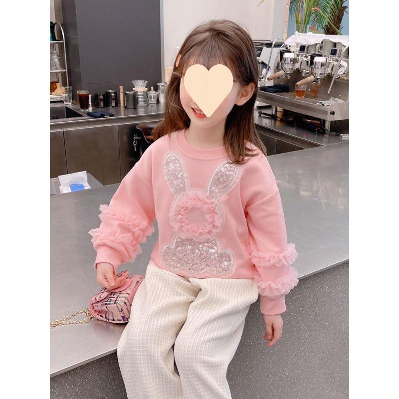 Girls Pink Fleece Lined Sweatshirt Cute Rabbit Print Long Sleeve Pullover Top For Spring Autumn