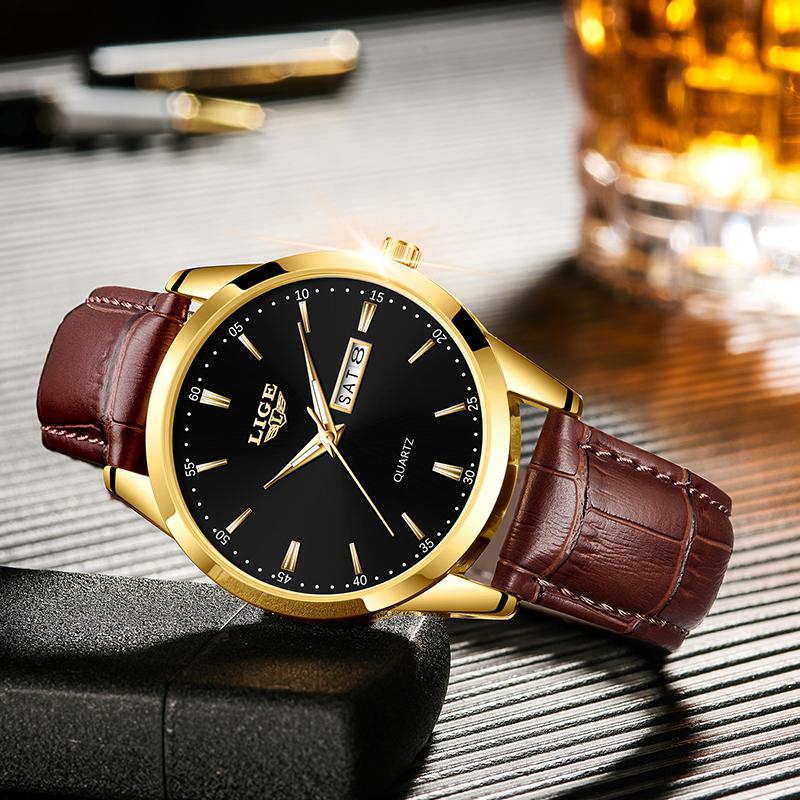 LIGE Лучший бренд, мужские кожаные деловые часы с датой, водонепроницаемые светящиеся часы, мужские роскошные спортивные водонепроницаемые кварцевые наручные часы