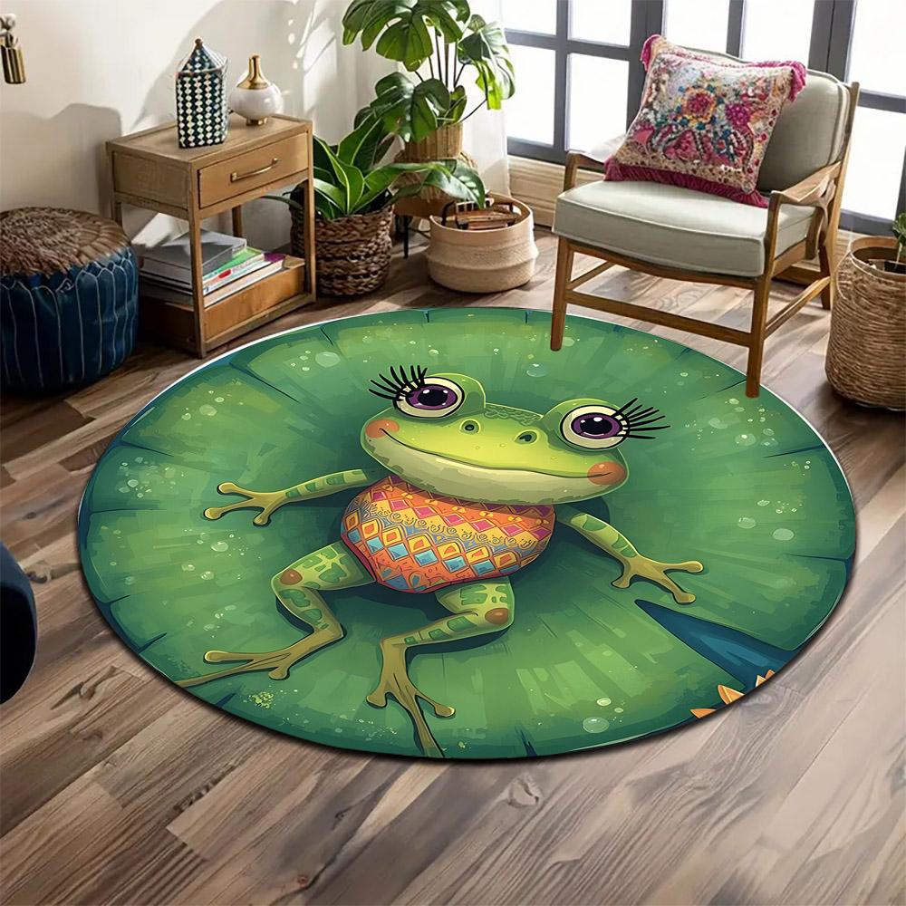 Colorful Frog on Green Lily Pad Print round rug, living room, bedroom, playroom carpet, non slip floor mat, gift