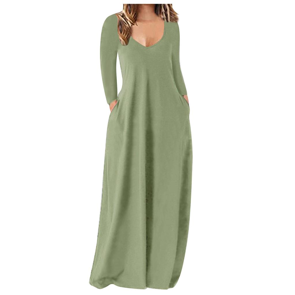 Женское повседневное свободное однотонное длинное платье сексуальное платье с глубоким V-образным вырезом и длинным рукавом