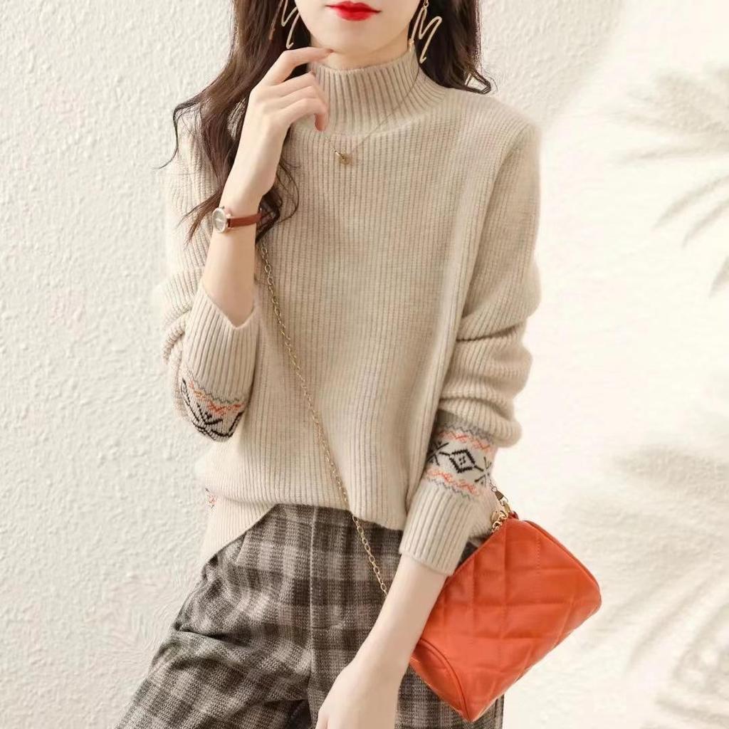 Autumn/Winter Ethnic Style Jacquard Loose Sweater with Half-High Collar for Women - Trendy Casual Outerwear & Base Layer