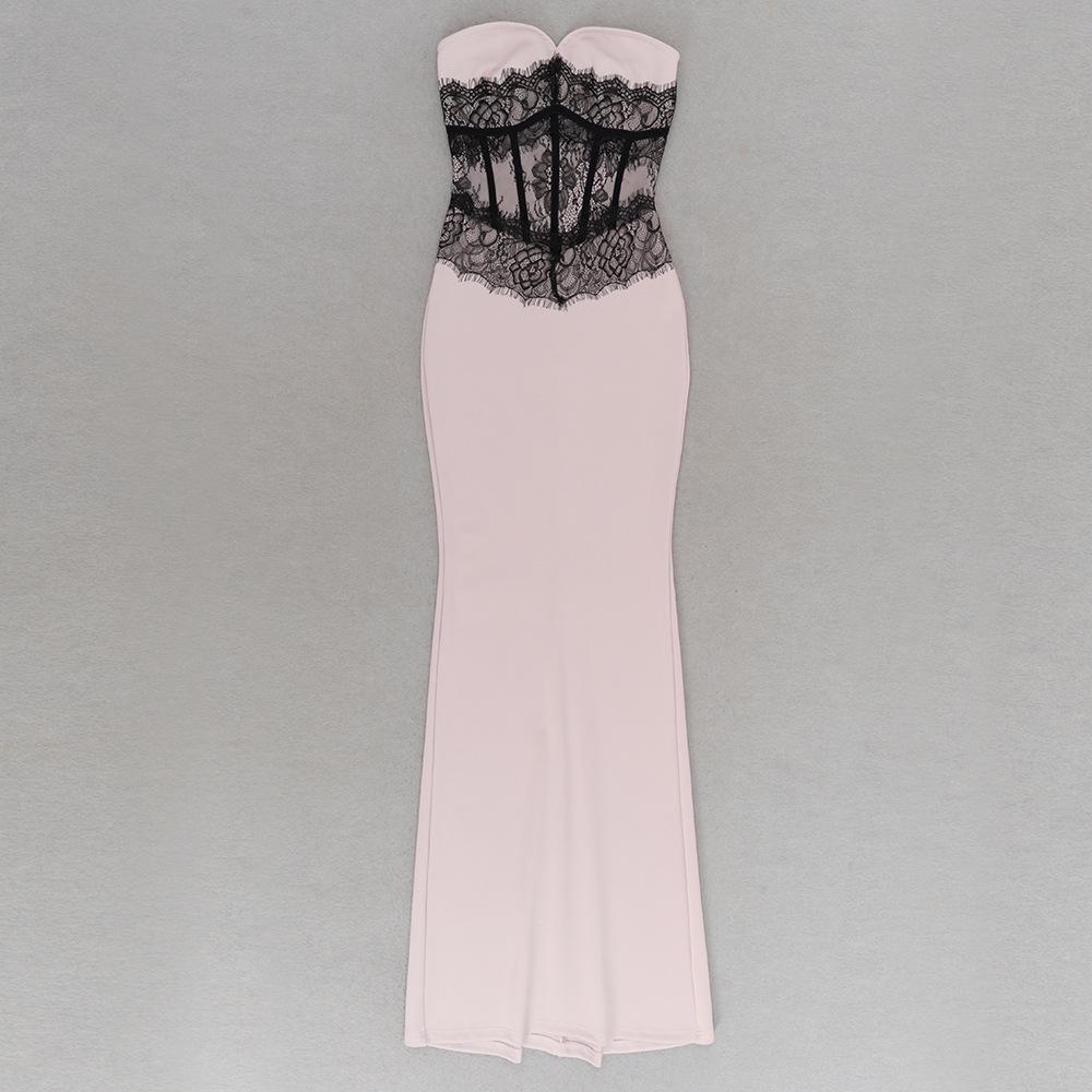 Европейский американский strapless кружевное color block пэчворк узкое вечернее платье